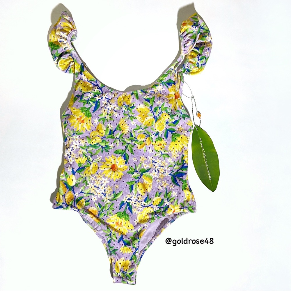 Farm Rio Lemon Dream ruffle shoulder one piece swimsuit
